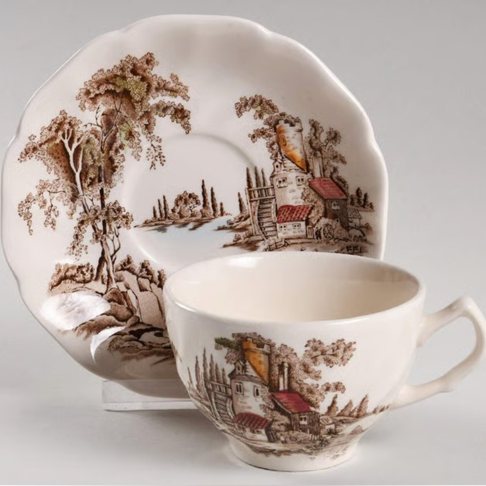 Vintage Johnson Brothers Set of 2 Flat Cup & Saucer in the The Old Mill Pattern